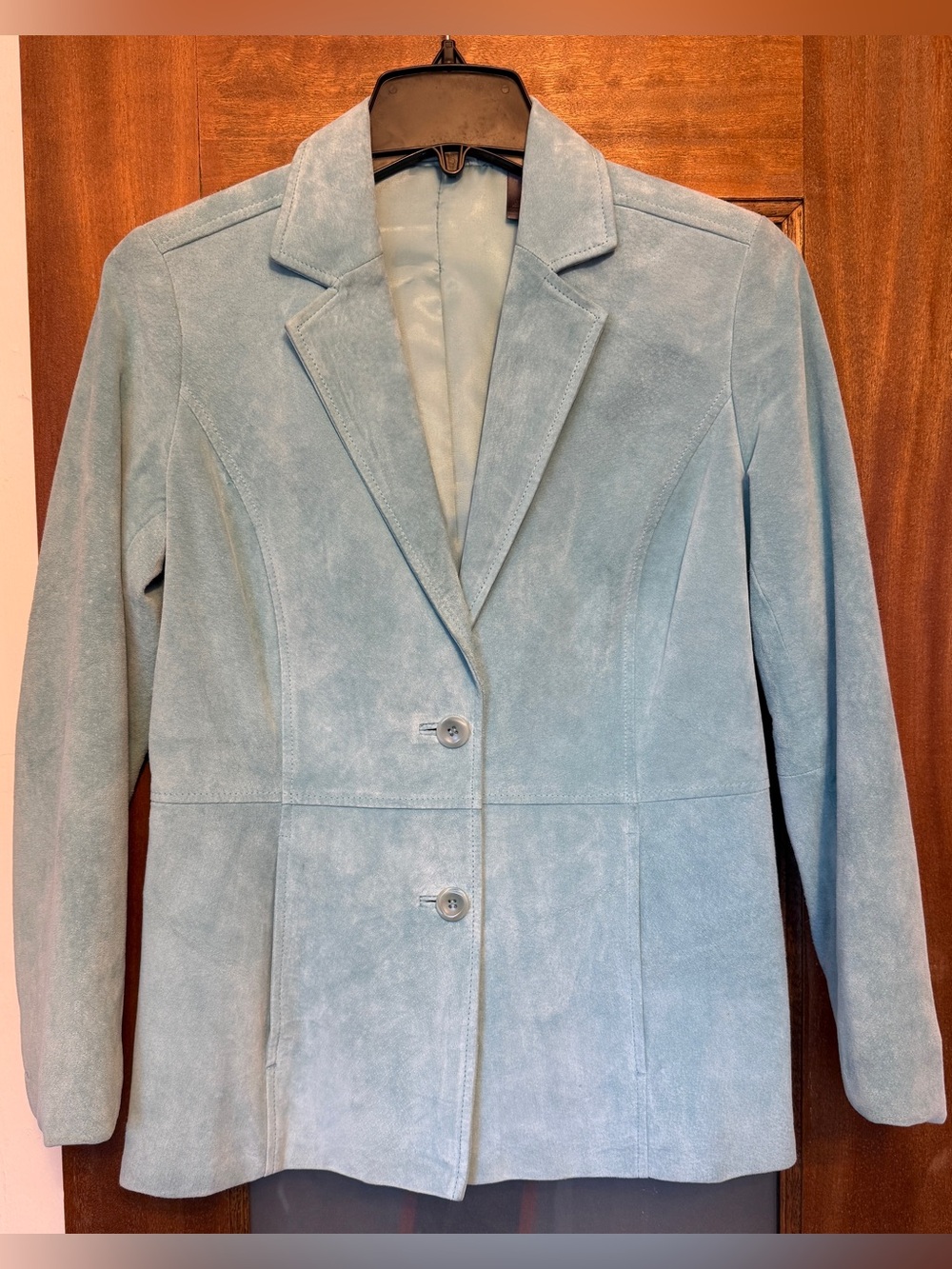 Liz Claiborne Women Vintage Pastel Teal Suede Button Up Lined Collared Blazer